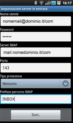 Schermata 4. Compilazione campi per Imap